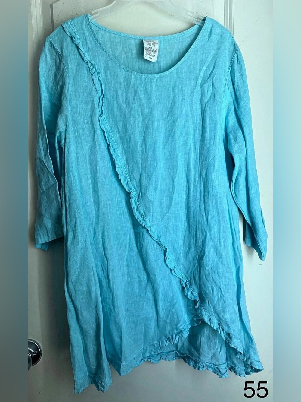 Match Point Top Women's S Blue 100% Linen Ruffle USA Made Beachy Lagenlook min